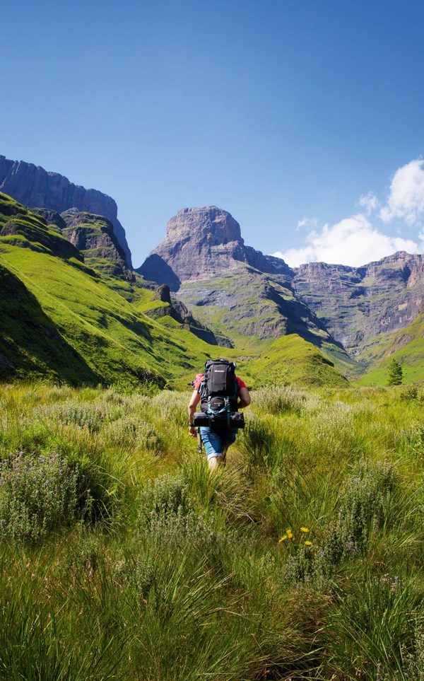 Hiker in Drakensberg Mountains Kwa Zulu Natal