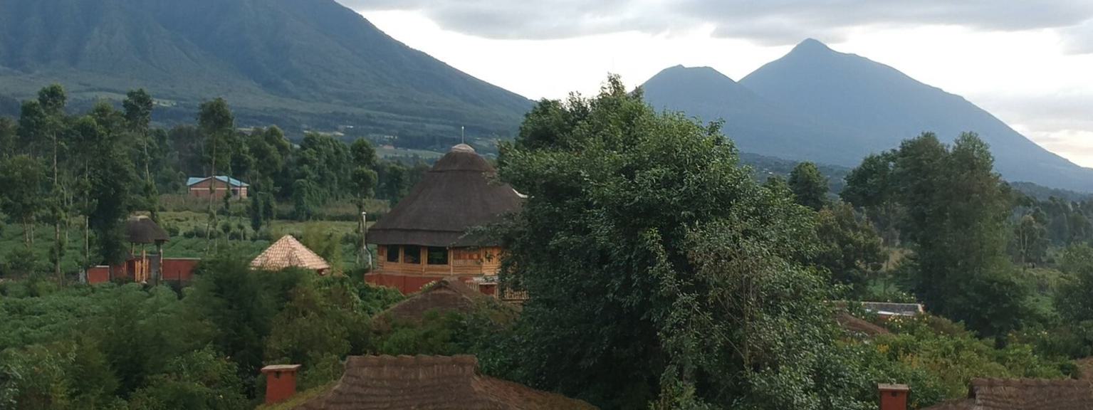 Ingagi Park View Lodge ground and mountain backdrop