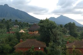 Ingagi Park View Lodge ground and mountain backdrop