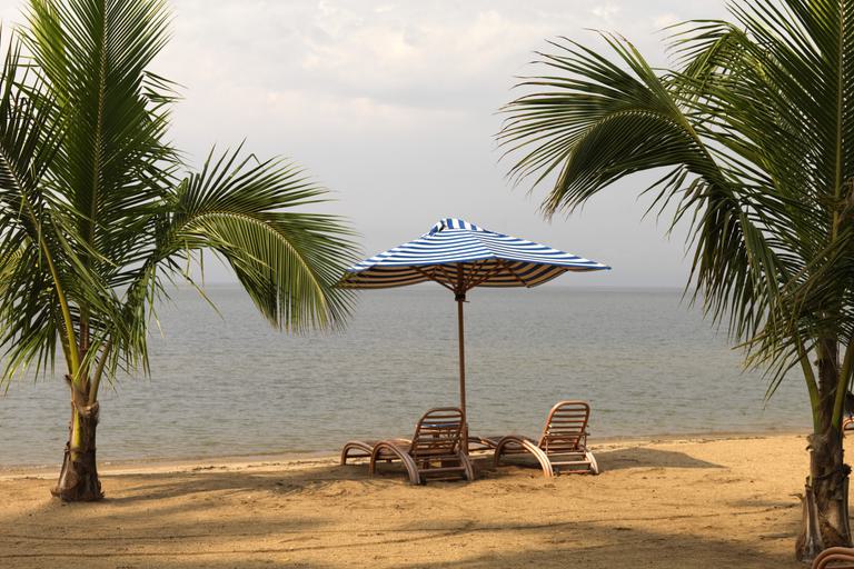 Lake Kivu beach sunlounger and palm trees VR