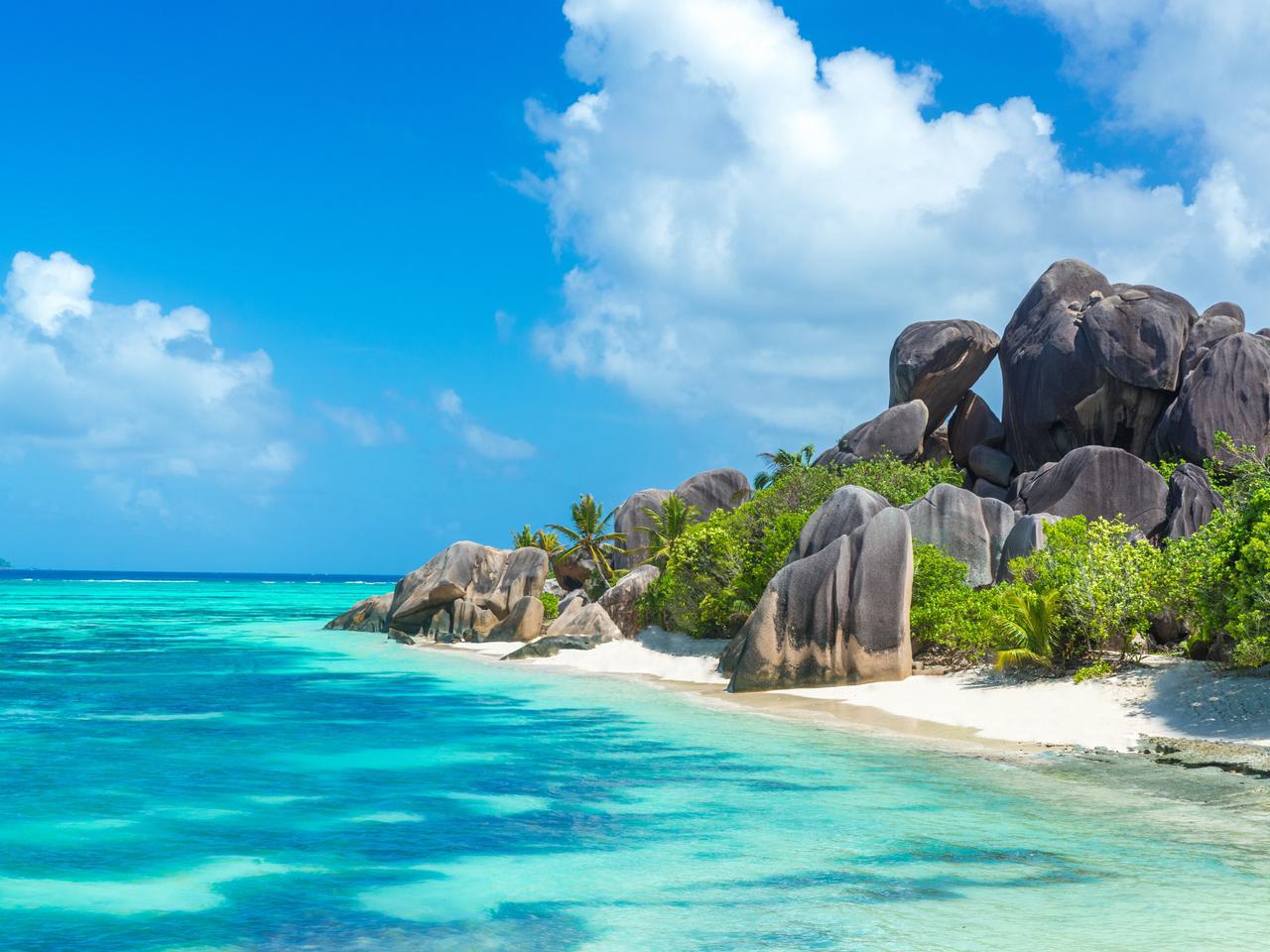 Seychelles granitic boulder beach SS
