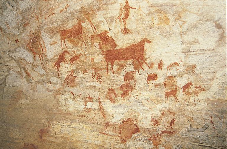 Terracotta coloured drawn artwork on pale yellow background.