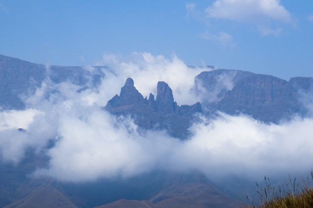 Drakensberg Cathedral Peak through clouds SAT