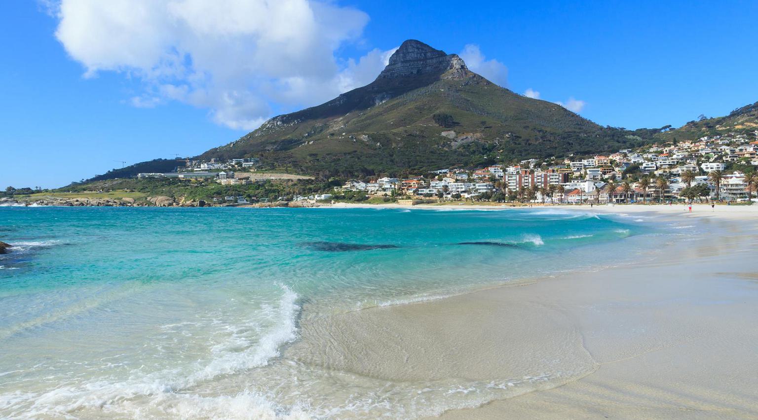 Camps Bay Beach view to Lions head Blue sky