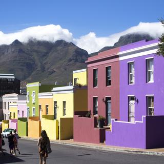 Colourful house at Bo Kaap with Table Mountain Tablecloth background SAT