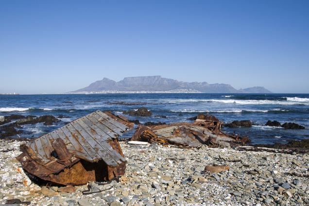 Shipwreck and view of Table Mountain from Robben Island SAT