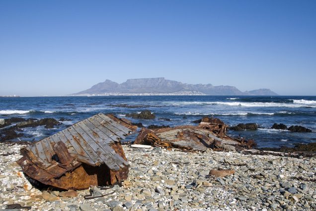 Shipwreck and view of Table Mountain from Robben Island SAT