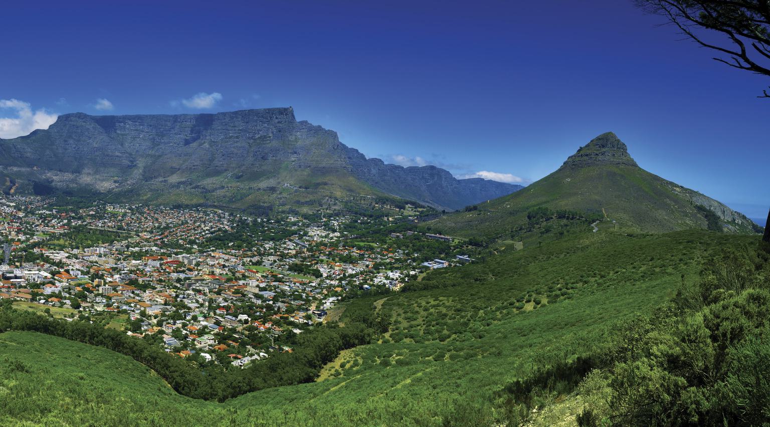 Table Mountain and Lions Head from Signal Hill Green SAT Cape Town