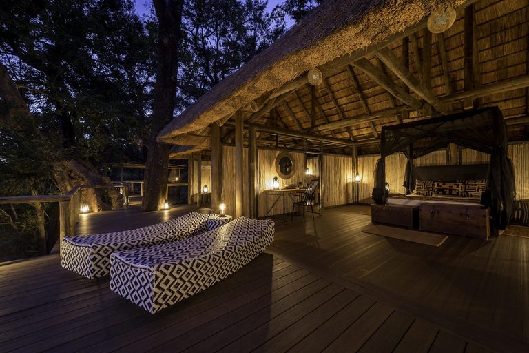 Chamilandu Bush Camp chalet deck at night