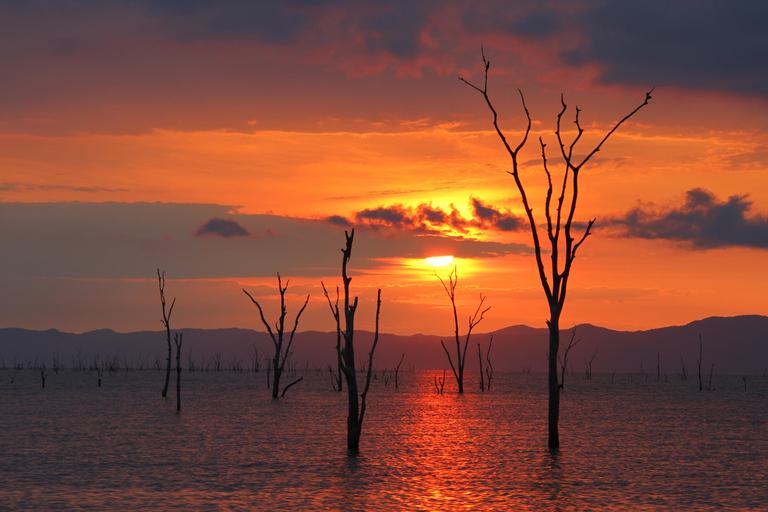 Sunset over Lake Kariba with trees Changa Safari Camp
