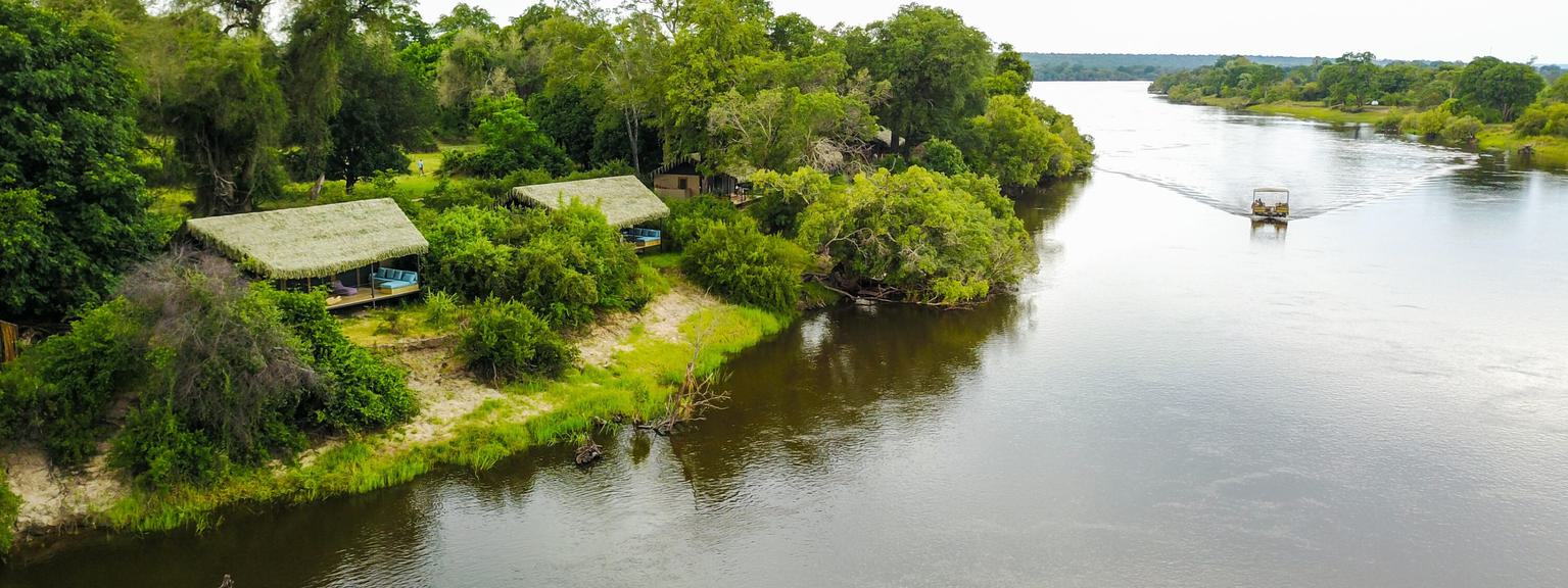 Chundu Island Lodge Suites from River Aerial