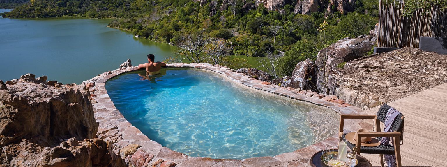 Singita Pamushana Lodge Plunge pool with a view of the dam