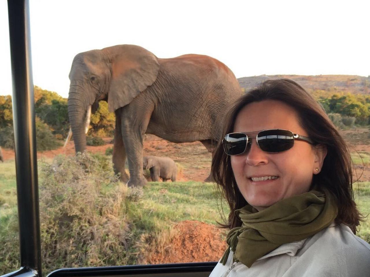 Suzanne on game drive with elephants landscape